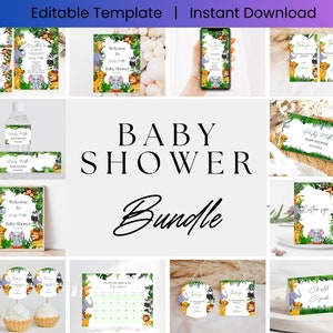 Safari Animals Baby Shower Bundle, Editable Safari Baby Shower Invite Set, Jungle Animal Baby Shower, Instant Download, Gender Neutral D0001