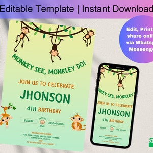Curious George Geburtstagseinladung | Curious George Party Invite | Kurioser George Evite | Bearbeitbar in Canva Template Instant Download D0102