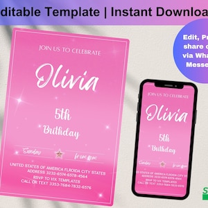 Editable Pink 4th Birthday Invitation Template, Glitter Birthday Party Invite, Rainbow Foil Girl Fourth Birthday Template Instant, D0201