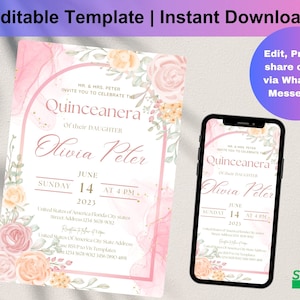 Invitation de Quinceañera roses florales rose poudré imprimable, TEMPÉRATURE MODIFIABLE, Couronne en or Rose Mis coings, anniversaire de 15 ans, téléchargement immédiat, D0230