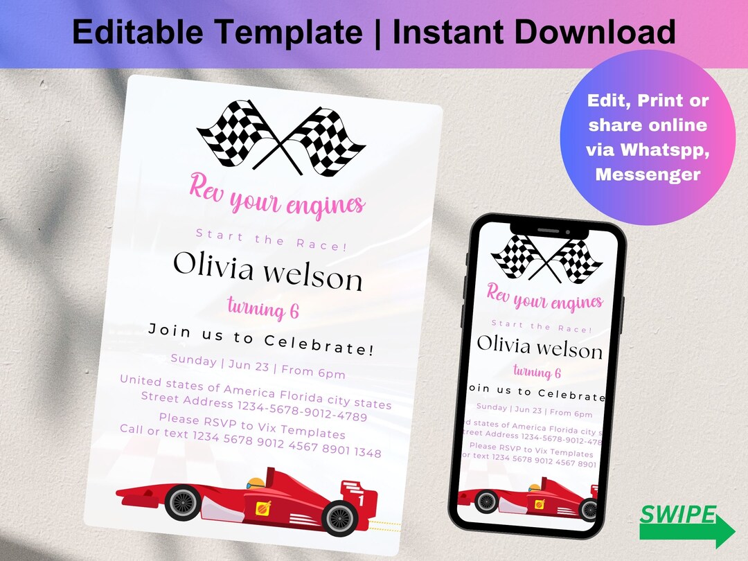 Girl Race Car Birthday Invitation, Race Car Invitation, Pink Race Car ...