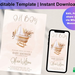 Customizable Oh Baby Neutral Stroller Baby Shower Invitation Template, Pram Baby Shower Digital Invite, Modern Boho Shower, D0164