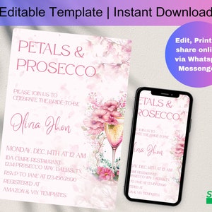 Petals and Prosecco Bridal Shower Invitation, Pink Pastel Petals and Prosecco Bridal Shower Invite, Editable Bridal Shower Template, D0088