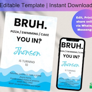 Bruh Birthday Invitation, Bruh It&#39;s My Birthday Invite, Teenager Birthday, Teen Boy Pool Birthday Party Invitation Digital, D0130