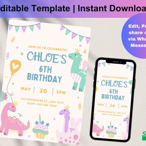 Dinosaur Birthday Party Invitation Template | Dinosaur Party Invitation | Editable Invitation | Thank You Tag, D0161