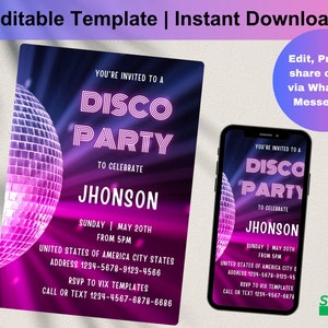 Editable Disco Party Birthday Invitation, Disco Gender Neutral Invites, Dance Party Template, Neon Party Invites Editable Glow Party, D0214