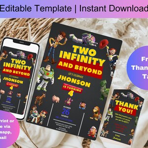 Editable Two Infinity and Beyond Birthday Invitation | 2nd Birthday Toy Kids Birthday Party Invite | Digital Template | Toy Story D0040