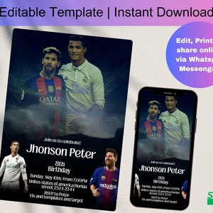 Carte d’anniversaire Ronaldo vs Messi Birthday Invitation, invitation modifiable, invitation numérique, D0137