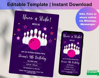 Bowling Party Invitation Editable Bowling Birthday Invitation Boy Bowling Invite Let's Strike Up Fun Pins Editable Instant Download, D0155