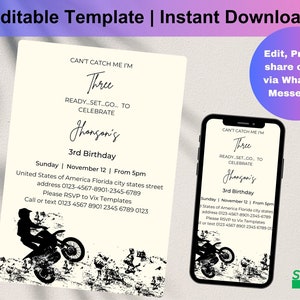 Editable Can&#39;t Catch Me I&#39;m Three Dirt Bike Birthday Party Invitation Boy Racing Dirt Biking 3rd Birthday Invitation Instant Download, D0242