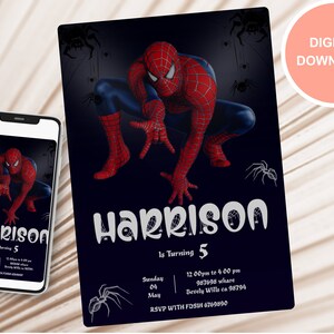 Editable Spiderman Birthday Invitation Template, Printable Birthday Card Party Invitation, Digital Kids Party Invite Template, D0025