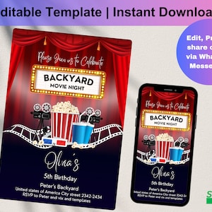 EDITABLE Backyard Movie Night Birthday Invitation Movie Under the Stars Girls Outdoor Backyard Movie Party Popcorn Digital Download, D0141