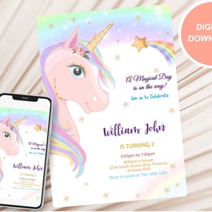 Unicorno compleanno invito Rainbow Unicorn Party Gold Glitter Pink Girl Magical Day invita Download stampabile modificabile digitale D0010