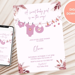 Girl Baby Shower Invitation, Boho Baby Girl Shower Invitation, Girl Baby Clothes Shower Invite, Baby Clothes Shower Invite, Printable D0033