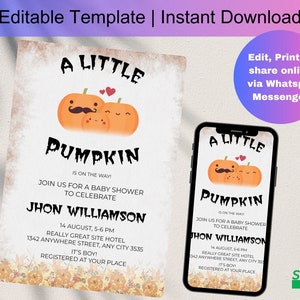 A Little Pumpkin Digital Baby Shower Invitation, Fall Baby Shower Invitation, Electronic, Editable Template, Gender Neutral, D0073