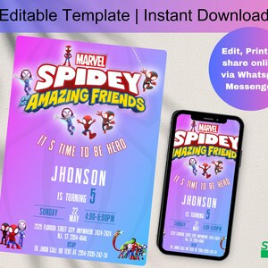 Editable Spidey And His Amazing Friends Birthday Invitation Template, Printable Birthday Party Invitations, Digital Kids Invite Card, D0092