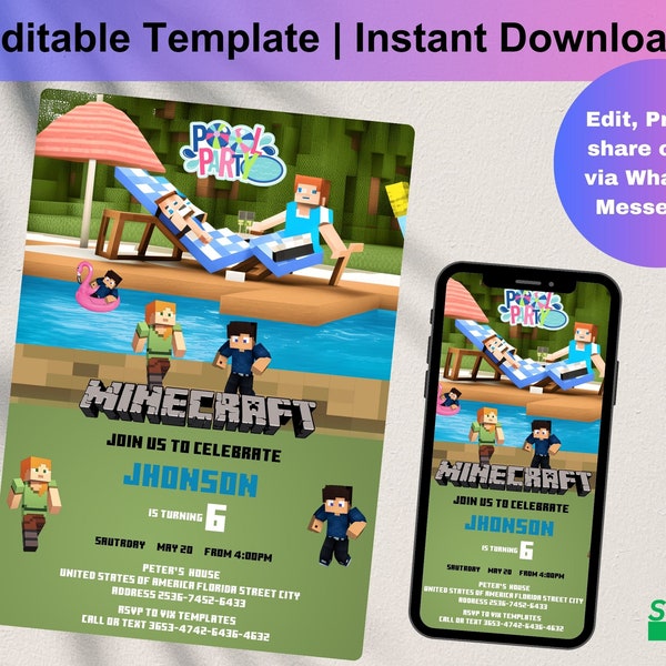Minecraft Pool Party Birthday Invitation | Kids Birthday Invitation | Minecrafter Waterslide Party Template Editable and Personalized, D0146