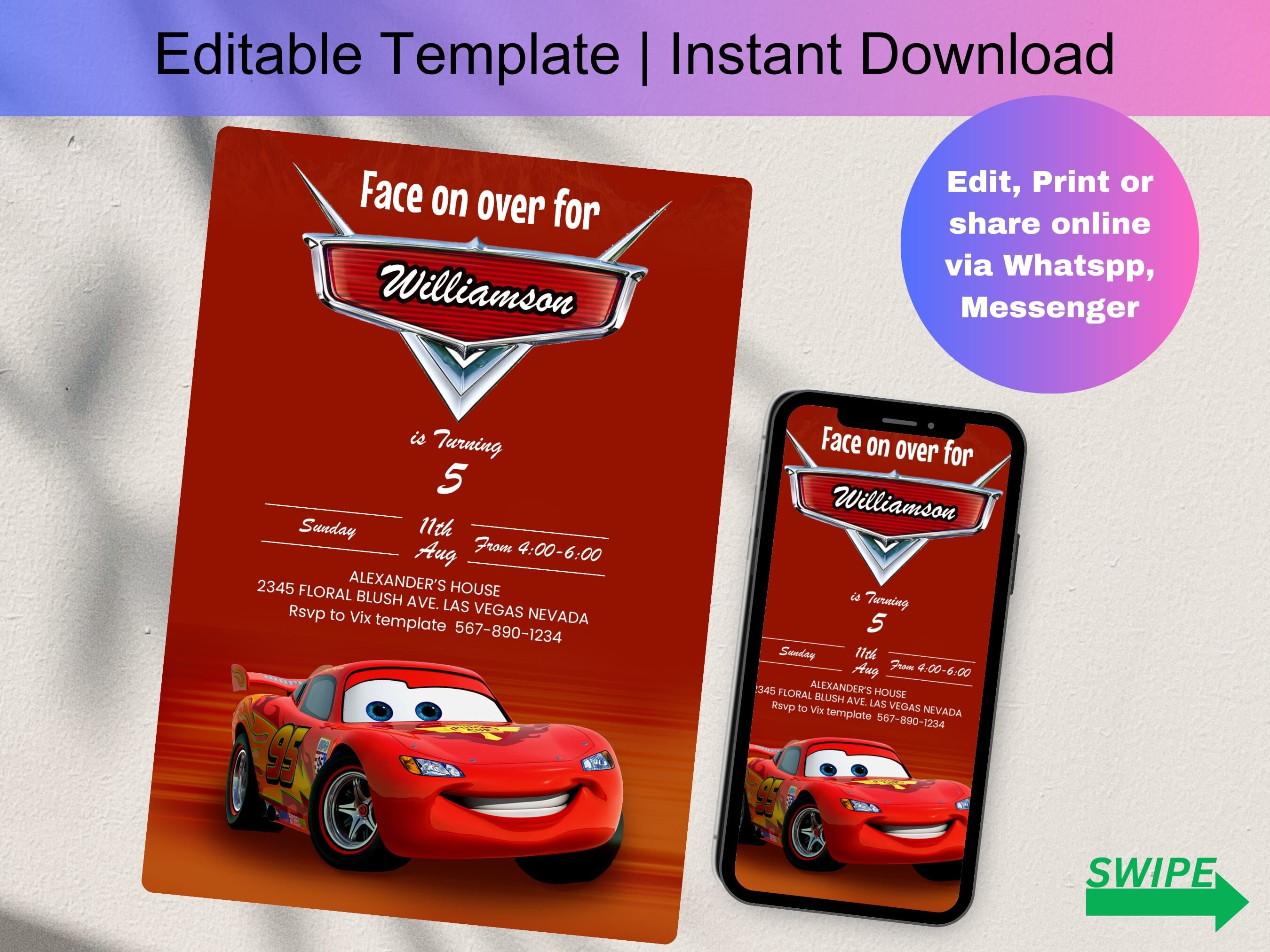 Cars Birthday Party Invitation Template, Cars Birthday Invite