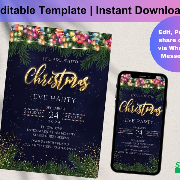 colorful lights Christmas party invitation editable template | Christmas party downloadable invite | printable holiday lights party, D0191