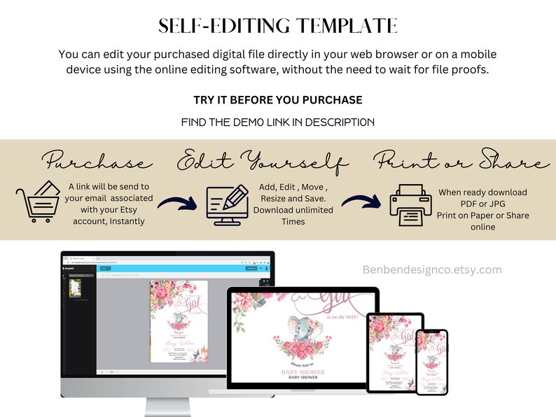 EDITABLE Blush Pink Rose Gold Elephant Baby Shower Invitation Girl Baby Elephant Invite