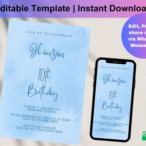 Simple Blue Birthday Invitation Template for Boys/Teens/Kids, ANY AGE, Instant Download Modern Blue Birthday Party Invite, Corjl DIY, D0177