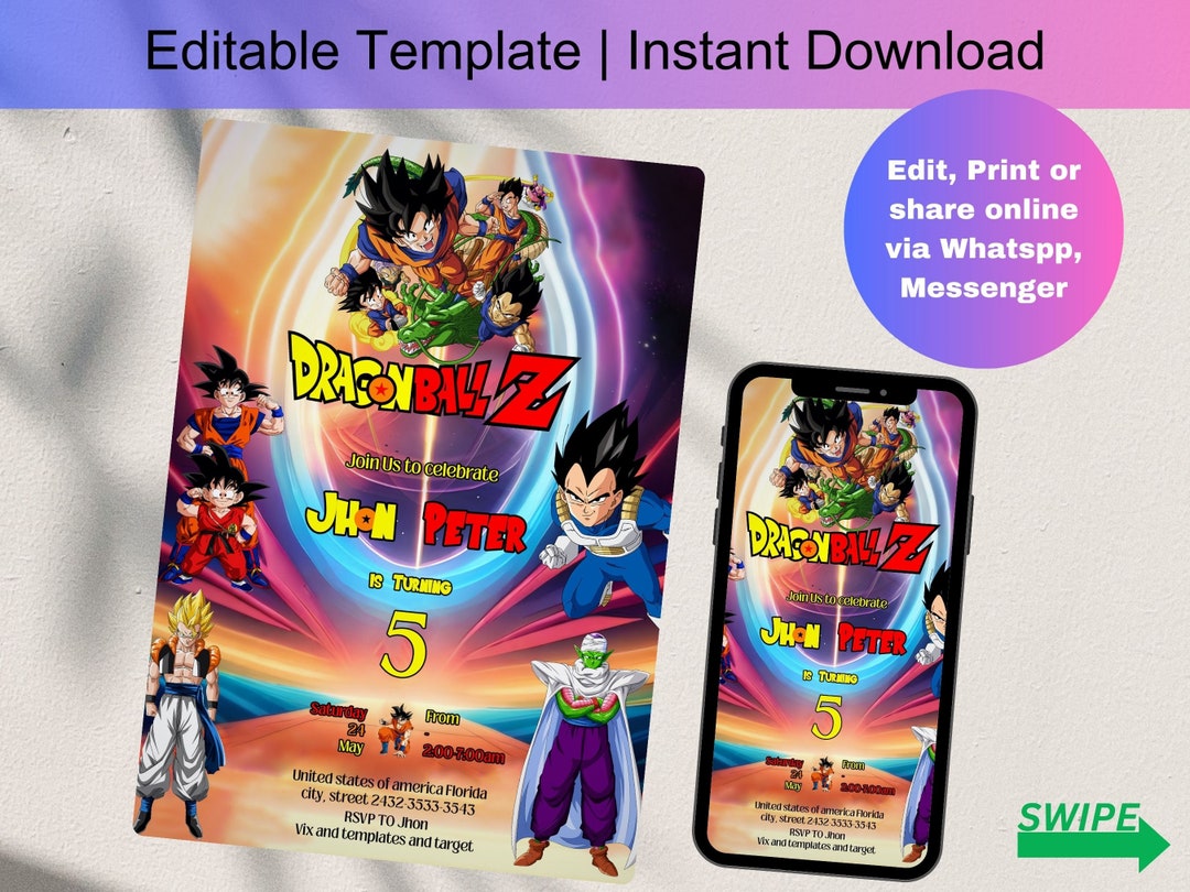Editable Dragon Ball Birthday Invitation Template | Digital Kids Party ...