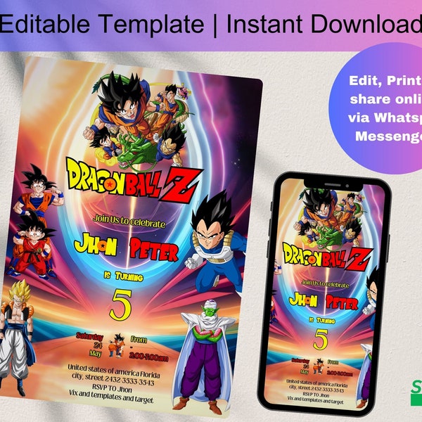 Plantilla editable de invitación de cumpleaños de Dragon Ball / Plantilla de fiesta digital para niños, invitación para niños, imprimible editable / descarga instantánea, D0136