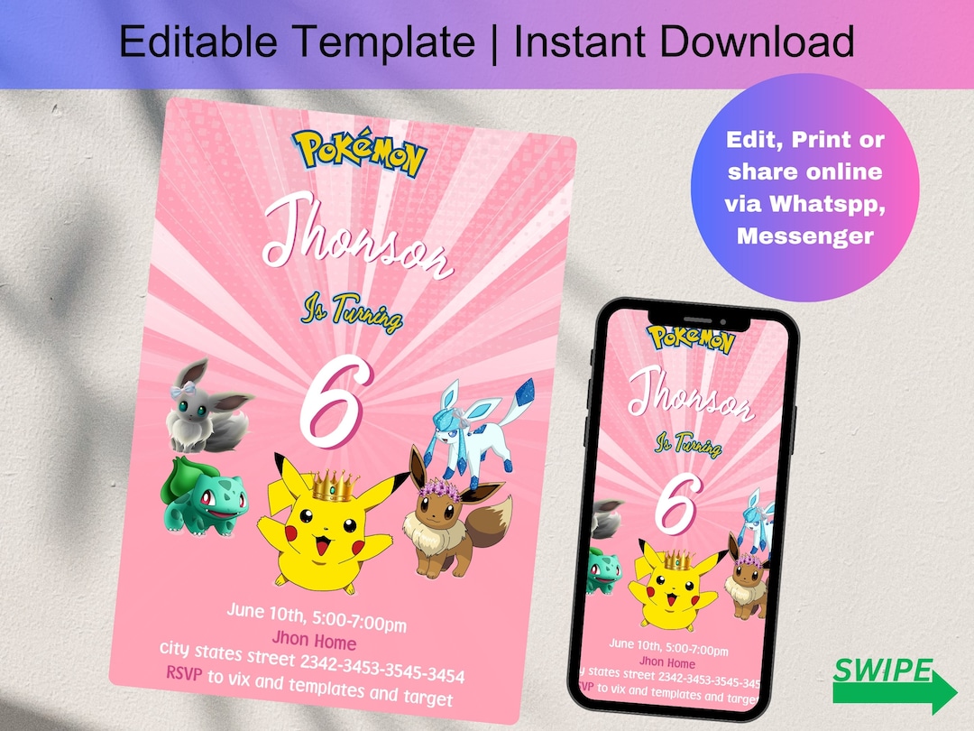 Pokemon Invitation Girl Pokemon Birthday Pikachu Invitation Etsy