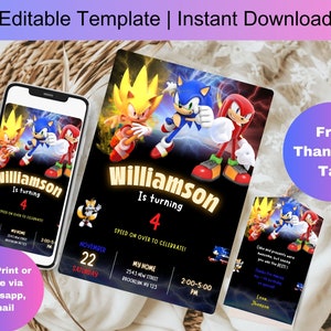 Editable Sonic the Hedgehog Birthday Invitation | Sonic Party Invitation | Sonic Party Invite | Cake Topper | Kids Party E-Invite Card D0043