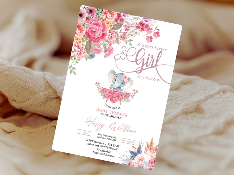 EDITABLE Blush Pink Rose Gold Elephant Baby Shower Invitation Girl Baby Elephant Invite