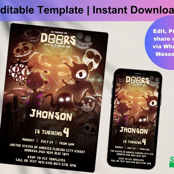 Doors Roblox Invitation | Doors Scary Horror Game | Invitation Template | Birthday Invite | Digital Download | Editable Template, D0170