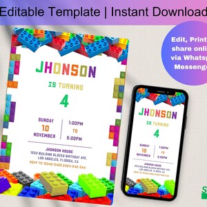 Building Blocks Birthday Invitation | Building Bricks Kids Birthday Party Invite | Printable Editable templett | Editable template D0061