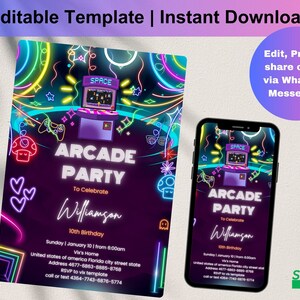 Editable Arcade birthday party invitation Neon boy game party glow gaming arcade birthday party neon glow party instant download, D0184