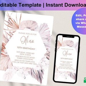 Digitale Boho orchidee verjaardagskaart, Tekst elektronische orchidee feestuitnodiging, pampas gras boho verjaardagsfeestje uitnodiging, Palmblad Party, D0157