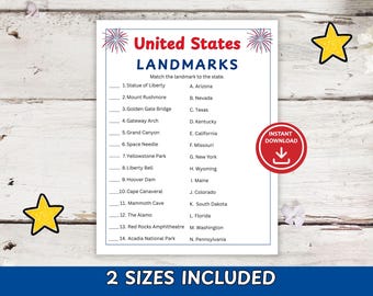 United States Landmarks Quiz Printable Trivia Game | USA Geography Worksheet | 4th of July Activity