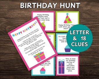 May include: A birthday scavenger hunt game with colourful cards. The cards feature birthday-themed illustrations and text, including clues and riddles. The game is designed for a fun birthday celebration.