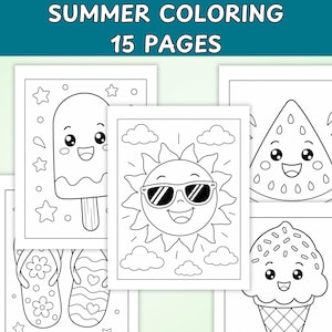 May include: A collection of 15 summer coloring pages featuring black and white line art illustrations. The designs include a smiling popsicle, a sun wearing sunglasses, a watermelon slice, flip-flops, and an ice cream cone with sprinkles.