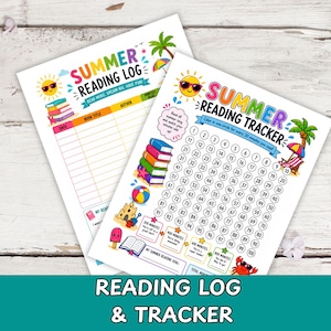 May include: Two colorful summer-themed reading logs and trackers. The logs feature a sunny design with a stack of books, a beach scene, and the text "Summer Reading Log" and "Summer Reading Tracker". The bottom of the image reads "Reading Log & Tracker".