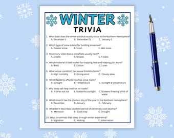 May include: A white sheet with winter trivia questions and answers, with a blue pen on a light blue background with snowflake designs. The trivia covers topics like the winter solstice, snow types, and animal hibernation.
