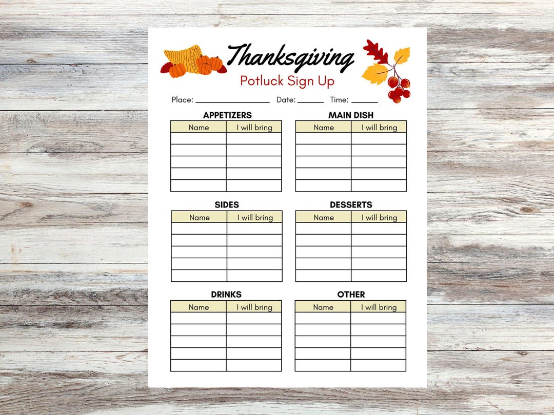 Thanksgiving Potluck Sign up Sheet, Printable Thanksgiving Sign up ...