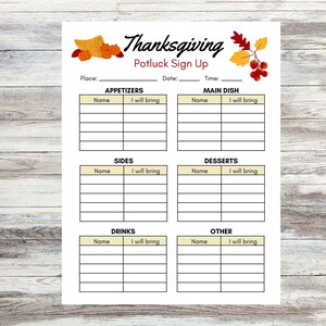 Thanksgiving Potluck Sign up Sheet, Printable Thanksgiving Sign up ...