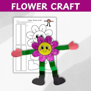 May include: A printable craft template for making a flower person. The template includes a flower head, arms, legs, and feet. The flower head is pink with a yellow center and a smiling face. The arms and legs are green with black stripes. The feet are black. The template is labeled "Flower Person Craft".