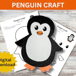 May include: Printable penguin craft activity for kids. The craft includes two pages, one with the penguin body and the other with the penguin's eyes, beak, and feet. The instructions are "Color and cut out the parts of the penguin. Glue the penguin together."
