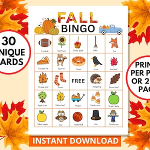 Fall Bingo Game, 30 Fall Bingo Cards, Fall Activity for Kids, Printable Fall Games, Fun Classroom Party Games, Bingo Calling Cards Markers