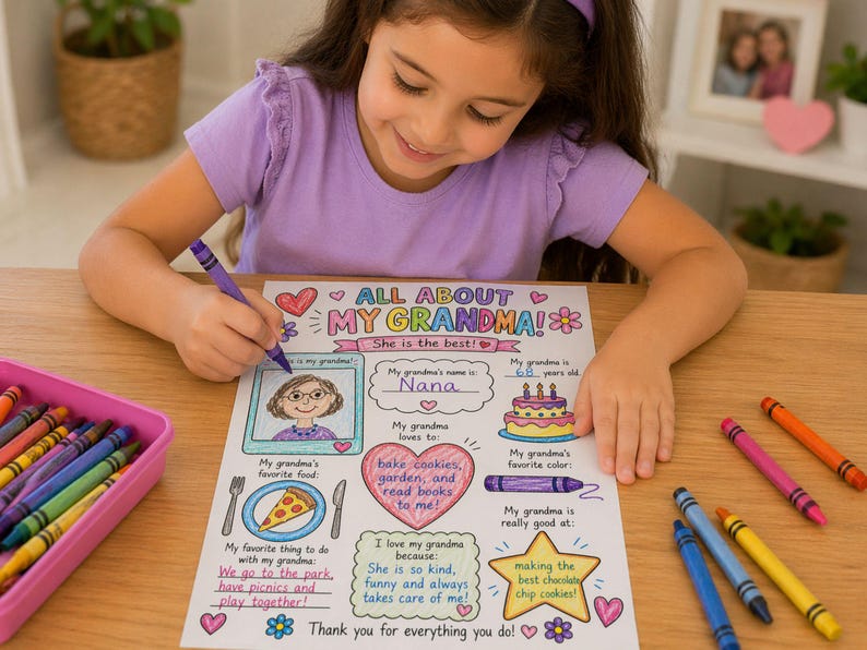 A girl coloring a grandma gift.