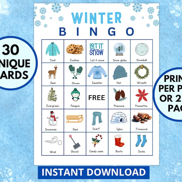 Winter Bingo Game, Printable 30 Unique Bingo Cards, Winter Party Game, Winter Classroom Activity, Winter Games, Printable Bingo Boards