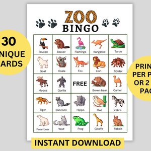 Dierentuin bingospel, 30 afdrukbare dierentuin bingokaarten, dierenbingo, dierentuinspel, dierentuindierenspel, verjaardagsfeestje met dierenthema, dierenspel