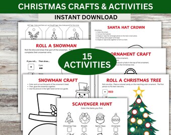 Puede incluir: Un conjunto de 15 manualidades y actividades navideñas imprimibles para niños. El conjunto incluye actividades como hacer un muñeco de nieve, un árbol de Navidad y una corona de gorro de Papá Noel. El conjunto también incluye una búsqueda del tesoro y un juego de tirar un muñeco de nieve.