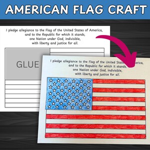May include: A patriotic craft project featuring a hand-drawn American flag with red and white stripes and a blue field of stars. The image includes the text "AMERICAN FLAG CRAFT" and the Pledge of Allegiance.