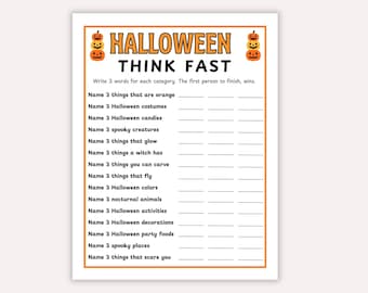 Halloween Think Fast Game Printable, Halloween Activity for Kids, Teens, Adults, Trivia